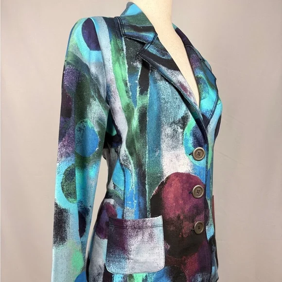 Dolcezza Abstract Art Print Blazer Jacket Blue Green Button Front - Picture 2 of 6